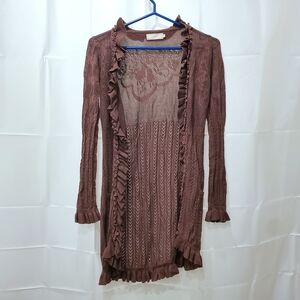 Intricate Luxury Mauve Duster Cardigan with Woven and Ruffle Detail, 100% Cotton